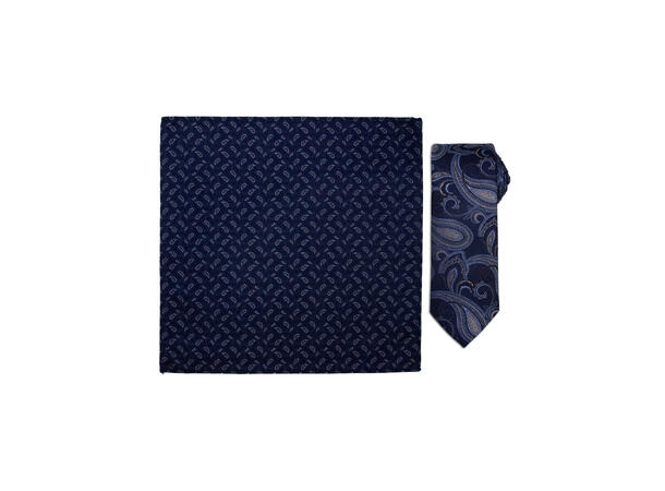 Santi silkeslips+lommetørkle mønstret* sett hengende navy 