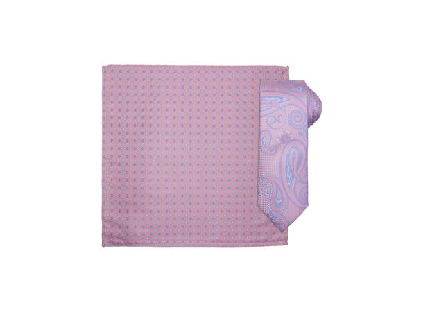 Santi silkeslips+lommetørkle mønstret* sett hengende rosa 