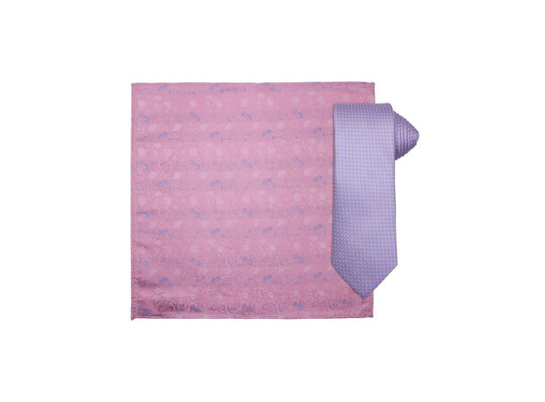 Santi silkeslips+lommetørkle mønstret* sett hengende rosa 