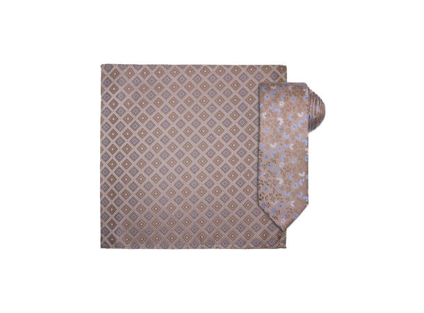 Santi silkeslips+lommetørkle mønstret sett hengende beige 