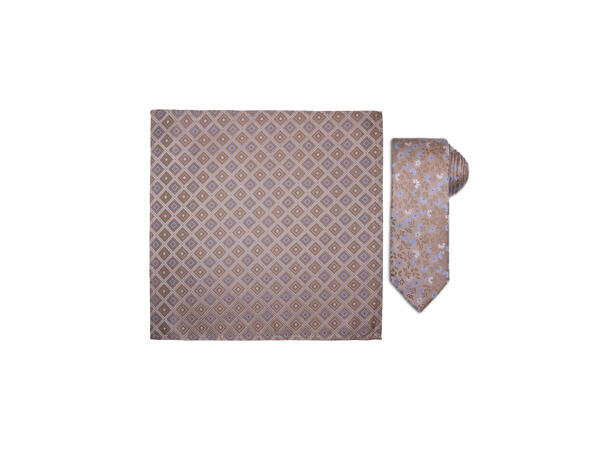 Santi silkeslips+lommetørkle mønstret sett hengende beige 