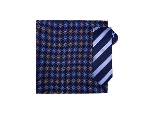 Santi silkeslips+lommetørkle mønstret sett hengende blå 