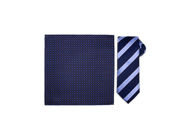 Santi silkeslips+lommetørkle mønstret sett hengende blå 