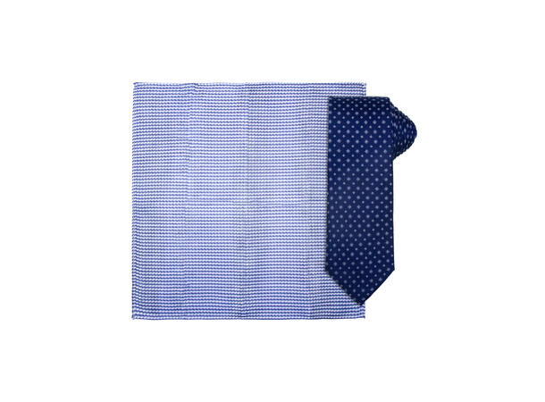 Santi silkeslips+lommetørkle mønstret sett hengende blå 