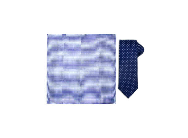 Santi silkeslips+lommetørkle mønstret sett hengende blå 