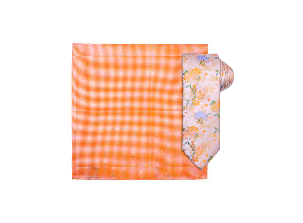 Santi silkeslips+lommetørkle mønstret sett hengende oransje 