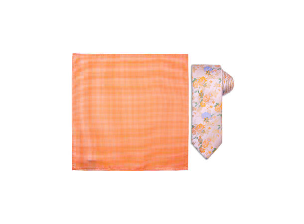 Santi silkeslips+lommetørkle mønstret sett hengende oransje 