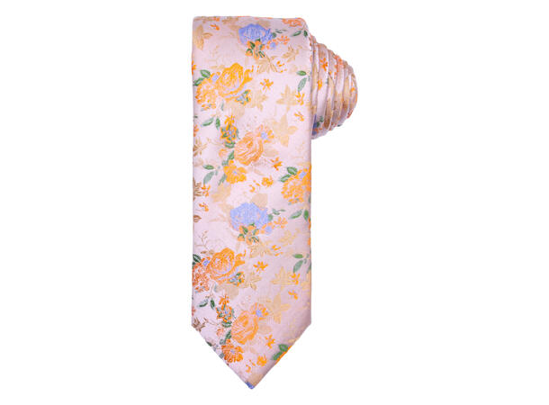 Santi silkeslips+lommetørkle mønstret sett hengende oransje 