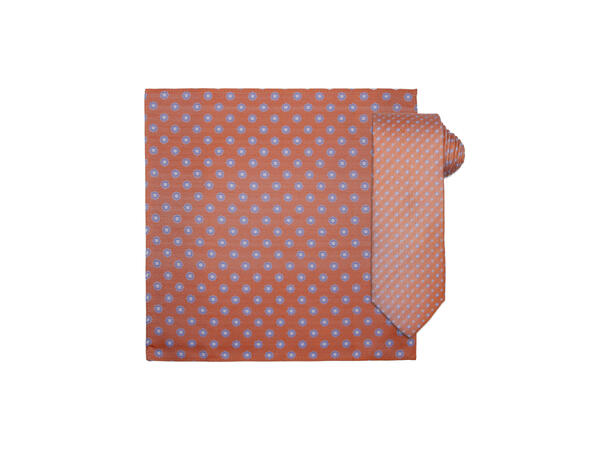 Santi silkeslips+lommetørkle mønstret sett hengende oransje 