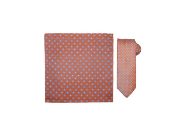 Santi silkeslips+lommetørkle mønstret sett hengende oransje 