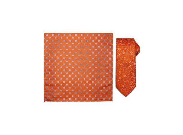 Santi silkeslips+lommetørkle mønstret sett hengende orange 