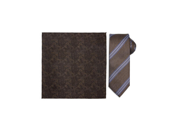 Santi silkeslips+lommetørkle mønstret sett hengende beige 