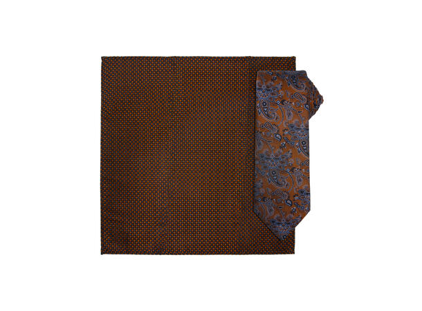 Santi silkeslips+lommetørkle mønstret sett hengende cognac 