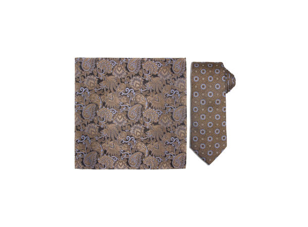 Santi silkeslips+lommetørkle mønstret sett hengende beige 