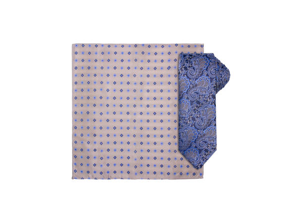 Santi silkeslips+lommetørkle mønstert sett hengende beige 