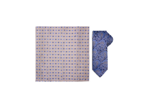 Santi silkeslips+lommetørkle mønstert sett hengende beige 