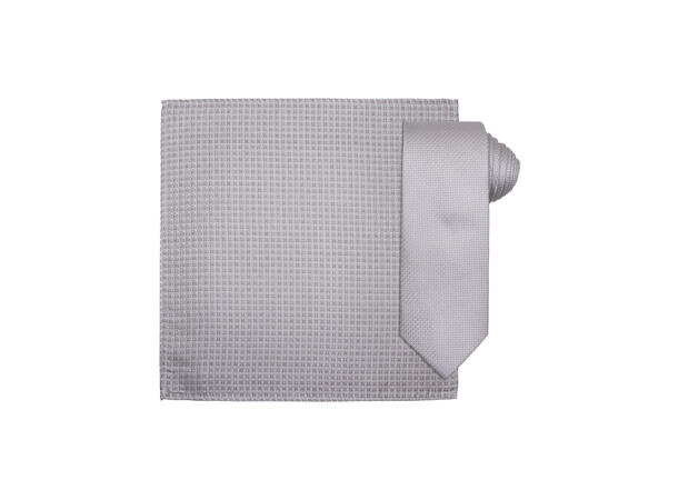 Santi silkeslips+lommetørkle mønstert sett hengende sølv 