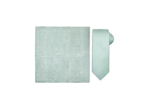 Santi silkeslips+lommetørkle mønstret sett hengende grønn 