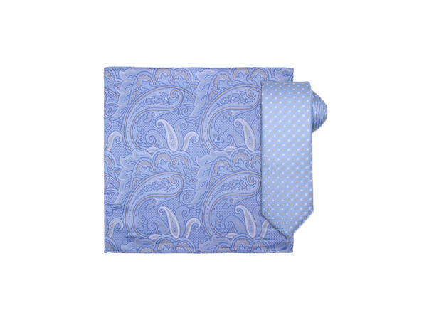 Santi silkeslips+lommetørkle mønstret sett hengende lys blå 