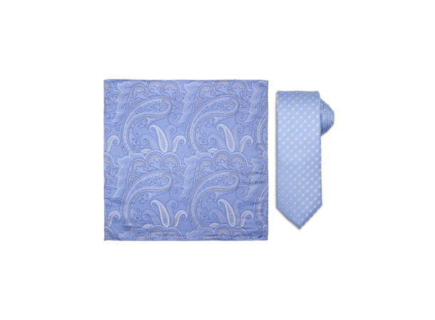 Santi silkeslips+lommetørkle mønstret sett hengende lys blå 