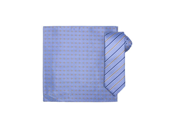 Santi silkeslips+lommetørkle mønstret sett hengende lys blå 