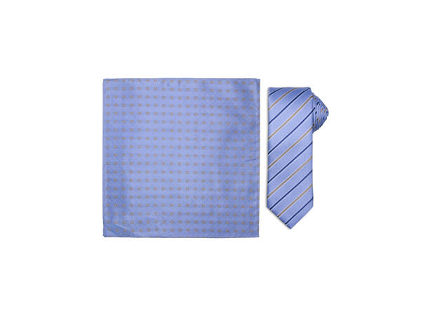 Santi silkeslips+lommetørkle mønstret sett hengende lys blå 