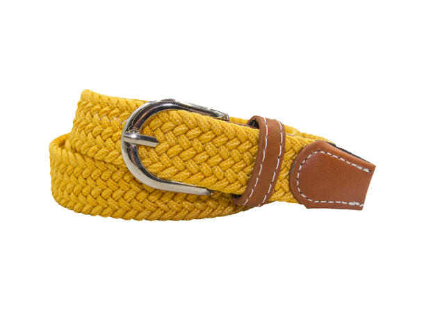 Belte 2,5cm strikk gul m/brun skinn 