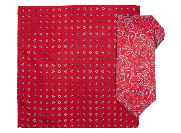 Santi silkeslips+lommetørkle mønstret* sett hengende rød 