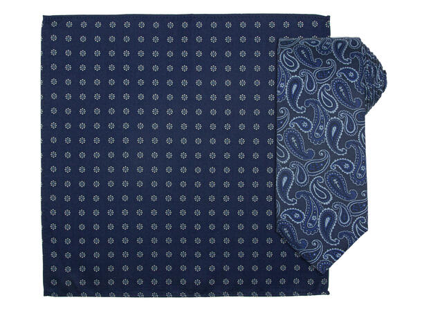 Santi silkeslips+lommetørkle mønstret sett hengende navy 