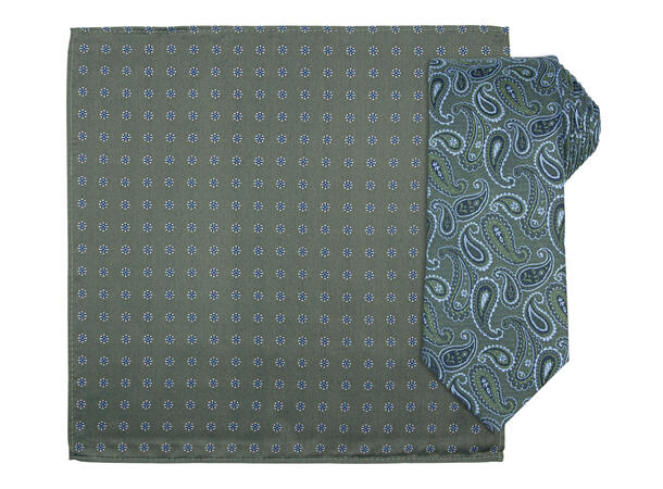 Santi silkeslips+lommetørkle mønstret sett hengende mørkgrønn 