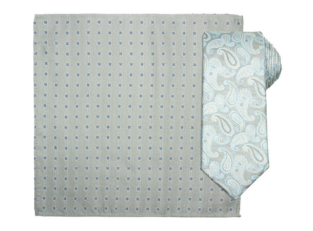 Santi silkeslips+lommetørkle mønstret sett hengende grå 