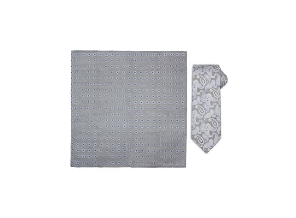 Santi silkeslips+lommetørkle mønstret sett hengende grå 