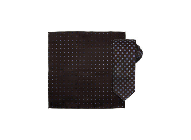 Santi silkeslips+lommetørkle mønstert sett hengende brun 