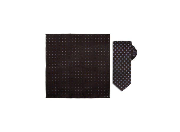 Santi silkeslips+lommetørkle mønstert sett hengende brun 