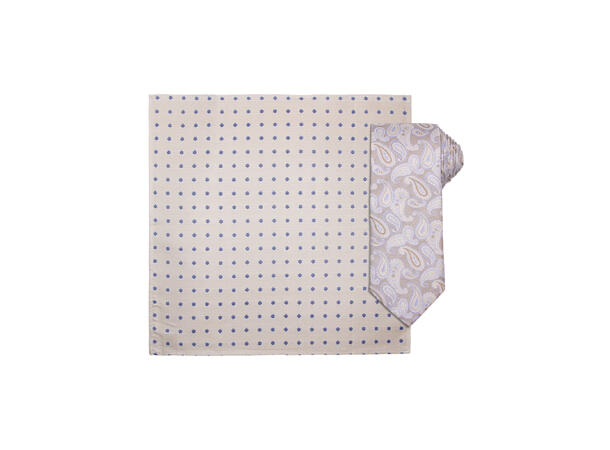 Santi silkeslips+lommetørkle mønstret sett hengende beige 