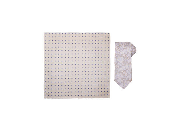 Santi silkeslips+lommetørkle mønstret sett hengende beige 