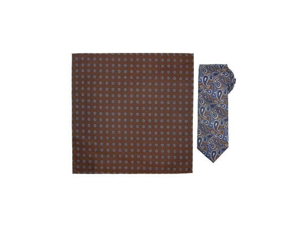 Santi silkeslips+lommetørkle mønstret sett hengende coffee 