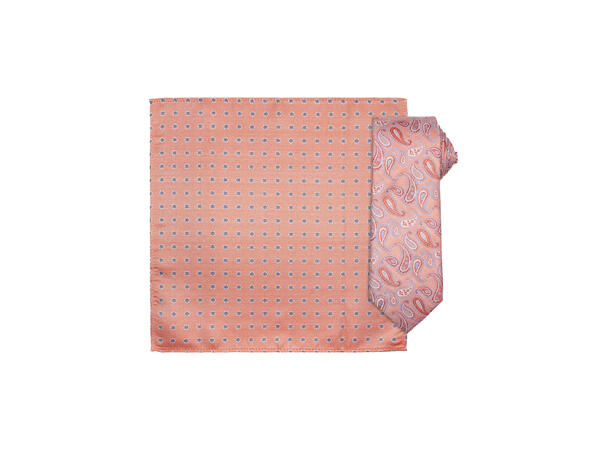 Santi silkeslips+lommetørkle mønstret sett hengende orange 