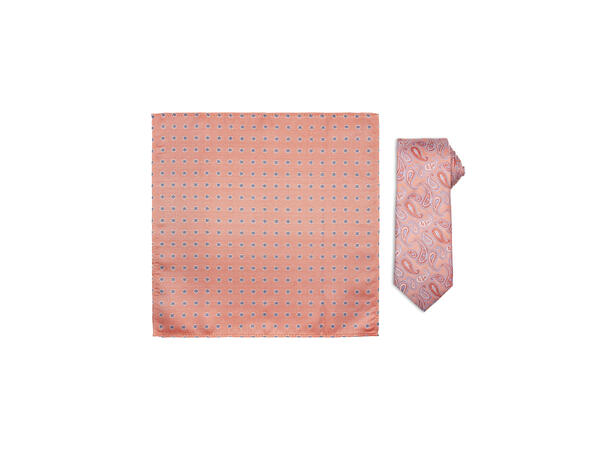 Santi silkeslips+lommetørkle mønstret sett hengende orange 