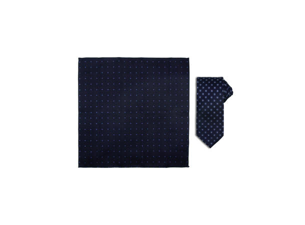 Santi silkeslips+lommetørkle mønstert sett hengende navy 