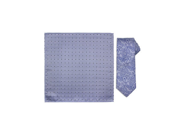 Santi silkeslips+lommetørkle mønstret sett hengende blå 