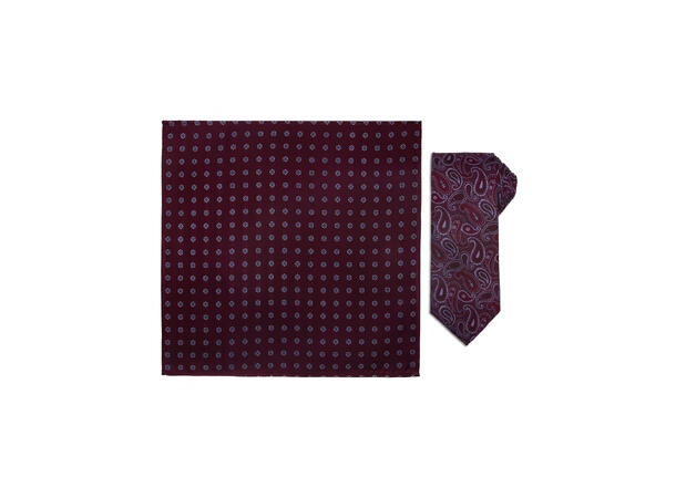 Santi silkeslips+lommetørkle mønstret* sett hengende vinrød 