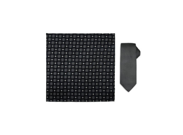 Santi silkeslips+lommetørkle mønstert sett hengende sort 
