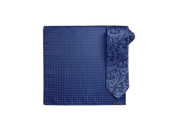 Santi silkeslips+lommetørkle mønstert sett hengende blå 