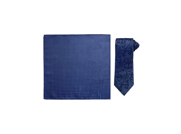 Santi silkeslips+lommetørkle mønstert sett hengende blå 