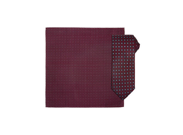 Santi silkeslips+lommetørkle mønstret* sett hengende vinrød 