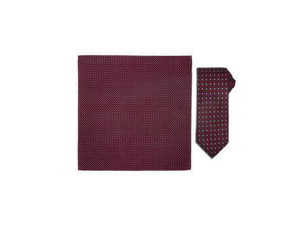 Santi silkeslips+lommetørkle mønstret* sett hengende vinrød 