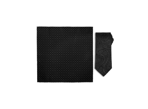 Santi silkeslips+lommetørkle mønstret sett hengende grå/sort 