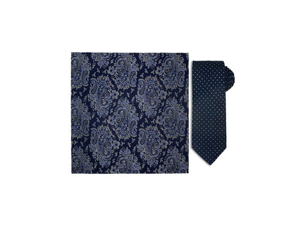 Santi silkeslips+lommetørkle mønstret sett hengende navy 