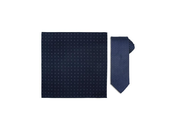 Santi silkeslips+lommetørkle mønstret sett hengende navy 